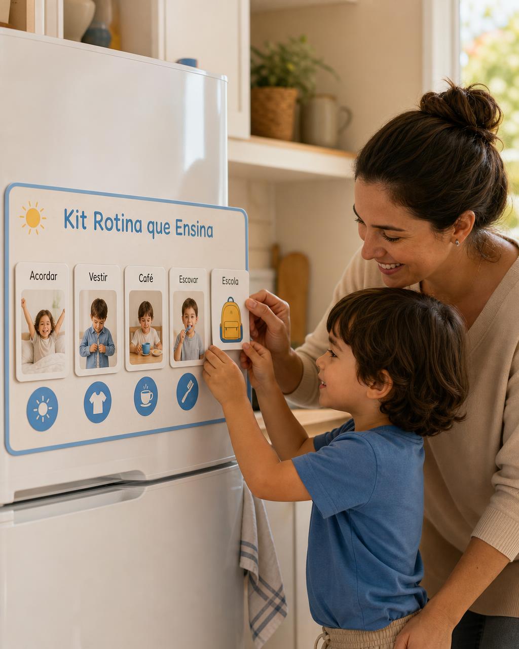 Mãe e filho usando o quadro de rotina visual na geladeira